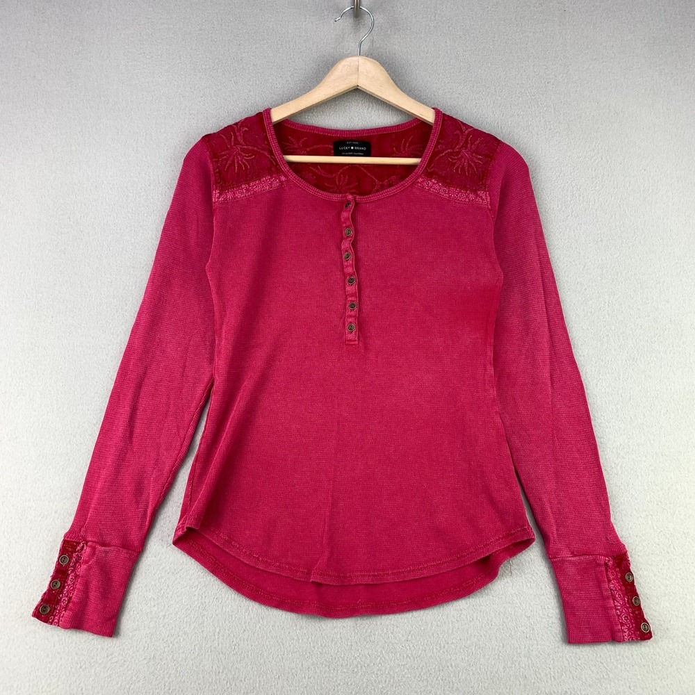 Lucky Brand Thermal Henley Top Womens S Pink Floral Velvet Trim